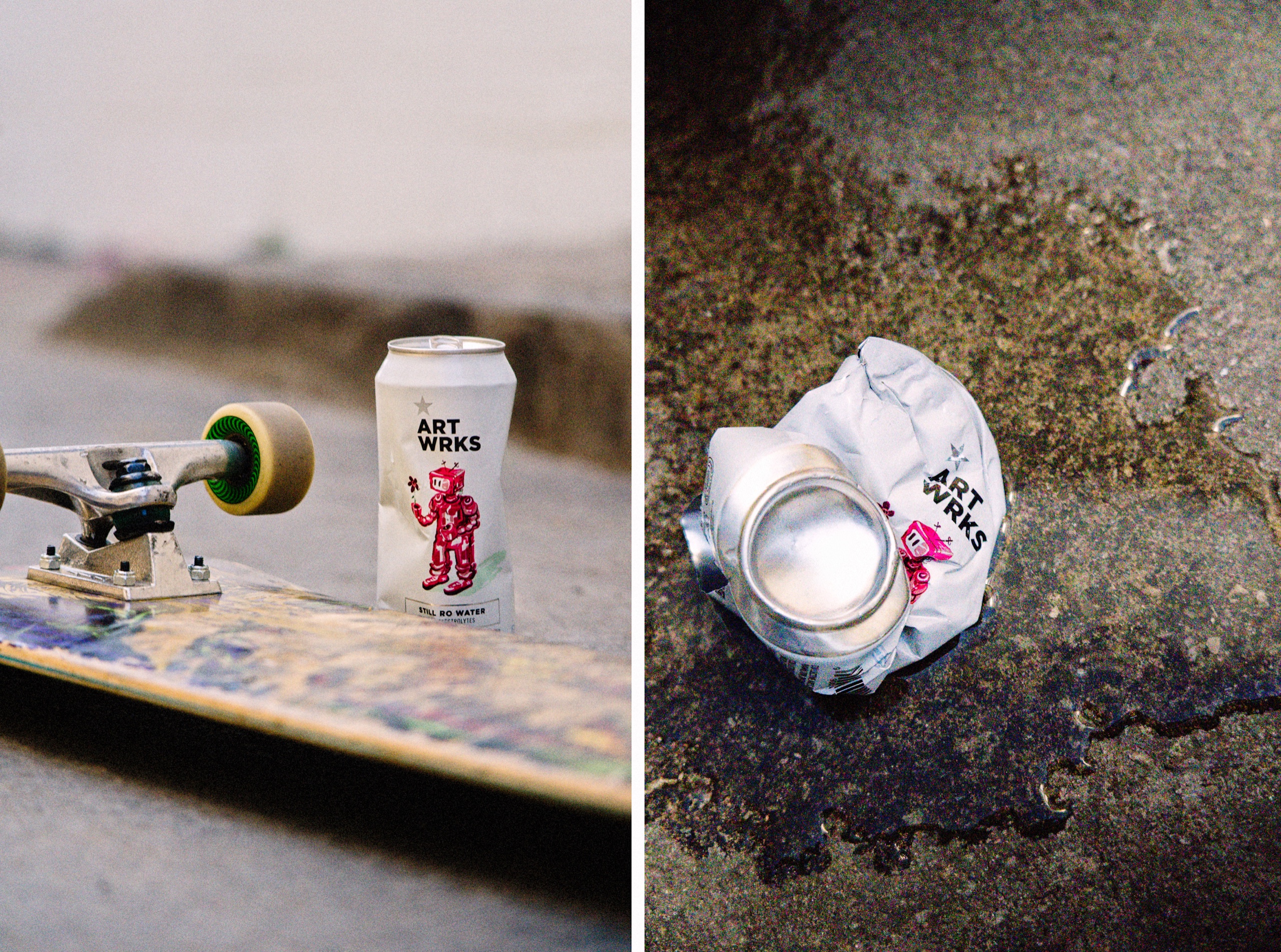 A diptych showing an ART WRKS can beside a skateboard and a crushed can on concrete.