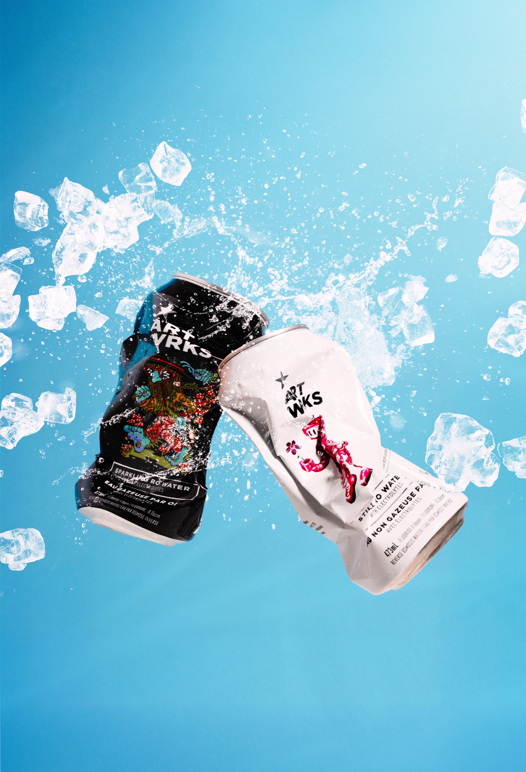 Black and white ART WRKS cans surrounded by splashing water and ice against blue.
