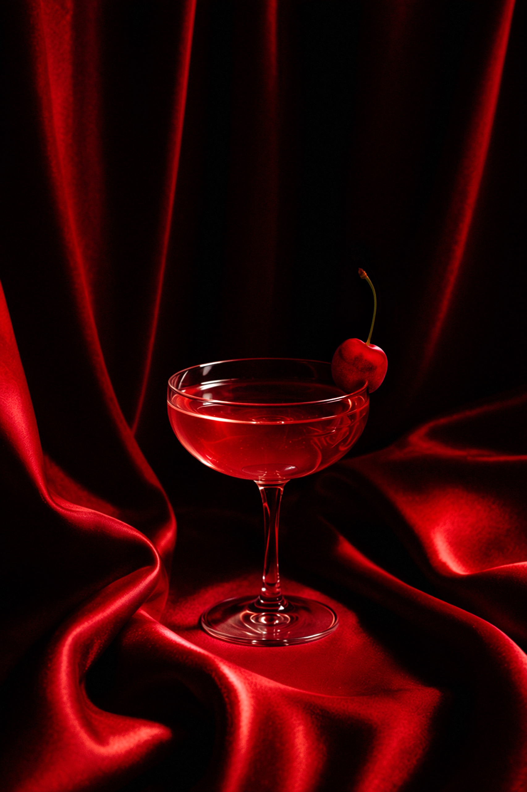 A red cocktail with a cherry garnish in a coupe glass surrounded by red velvet.