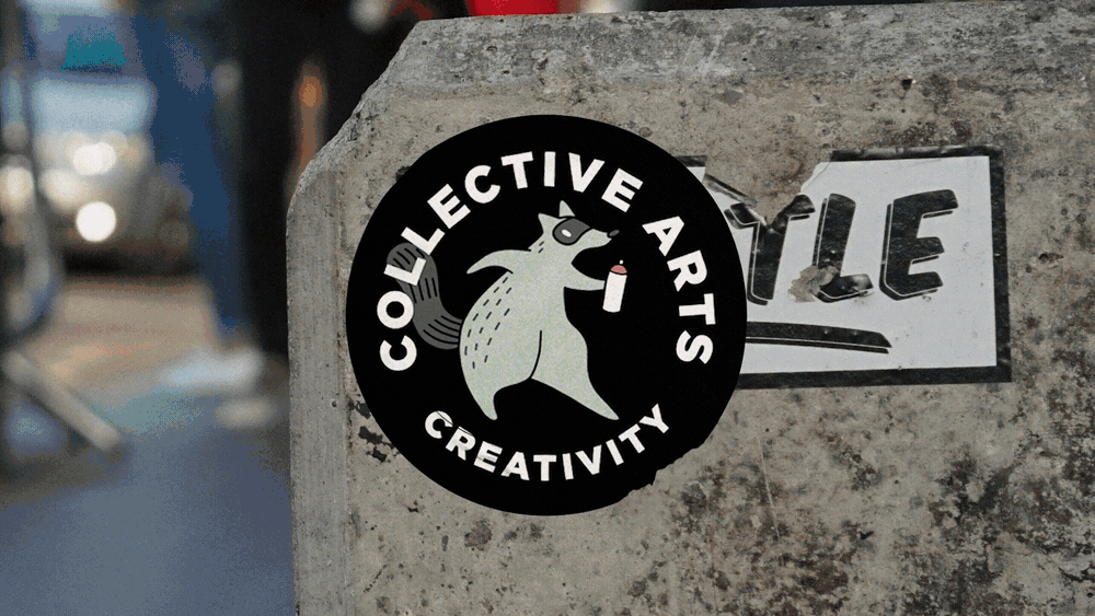 Animated Collective Arts artwork featuring a circular Creativity sticker on a concrete surface.