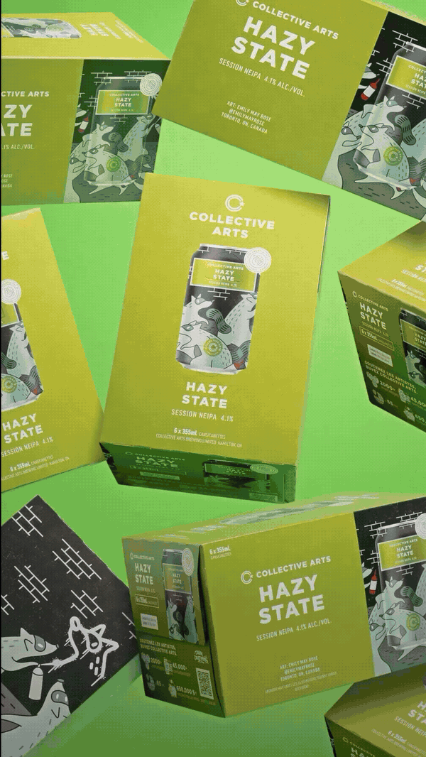 An animated loop of Collective Arts Hazy State six-pack boxes moving against a vivid green background.