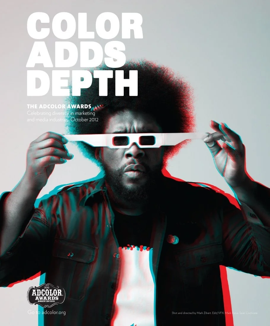 Color Adds Depth campaign poster with a man holding oversized white 3D glasses and a red-cyan effect.