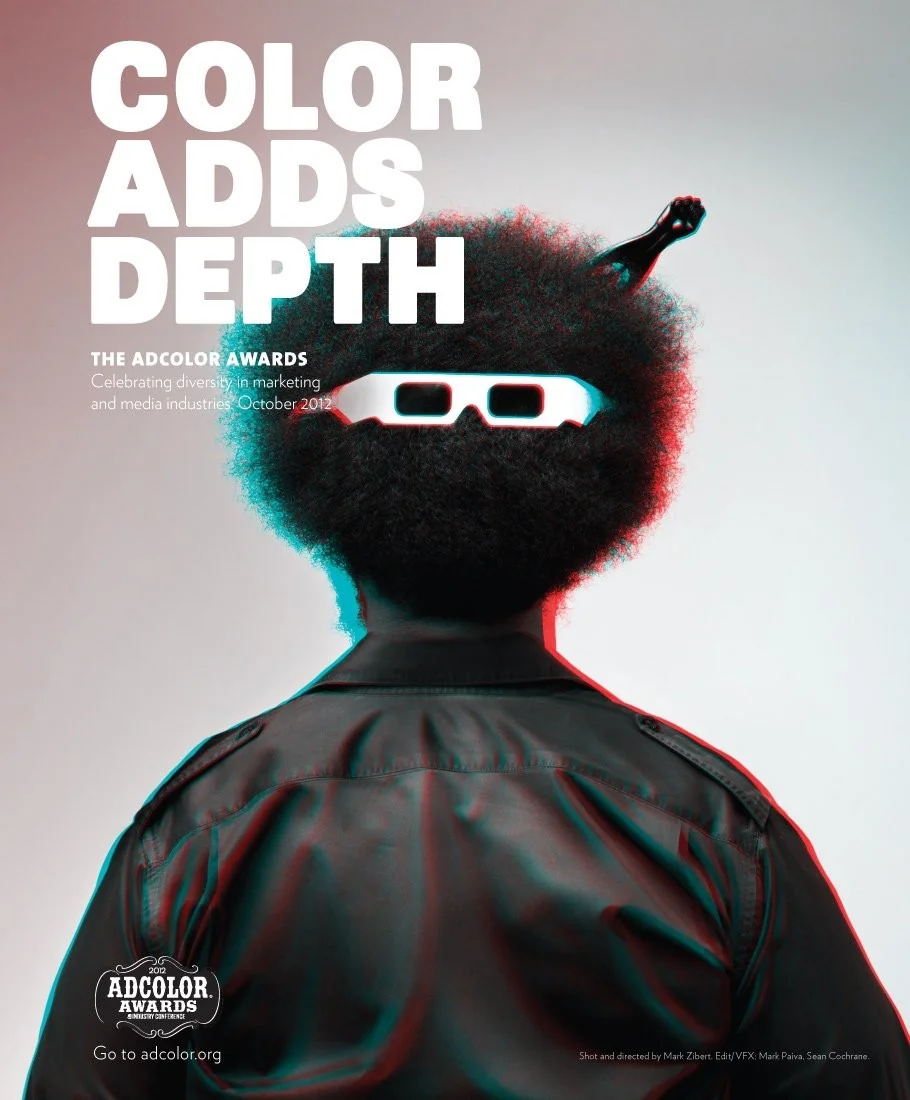 Color Adds Depth campaign poster showing the back of an afro with white 3D glasses and a raised-fist hair pick.