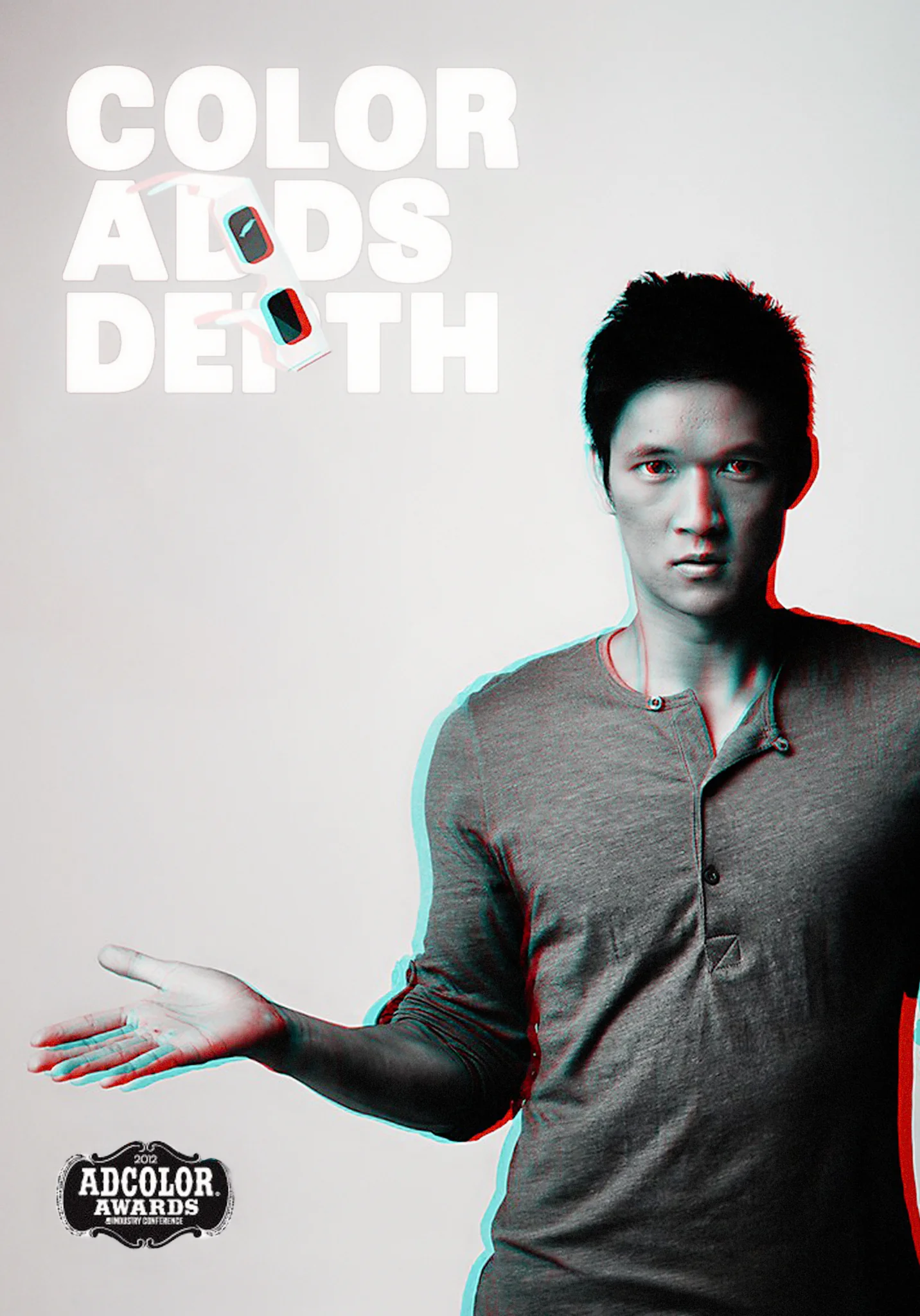 Color Adds Depth campaign artwork showing a man in a red-cyan effect with floating 3D glasses.